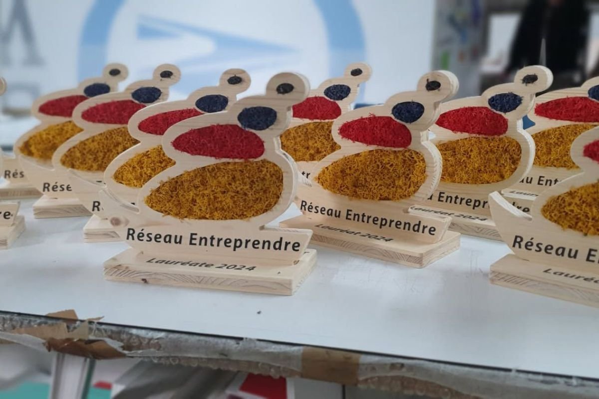 Trophées végétaux réalisés pour Réseau Entreprendre Aquitaine avec socle en bois Tripli Épicéa